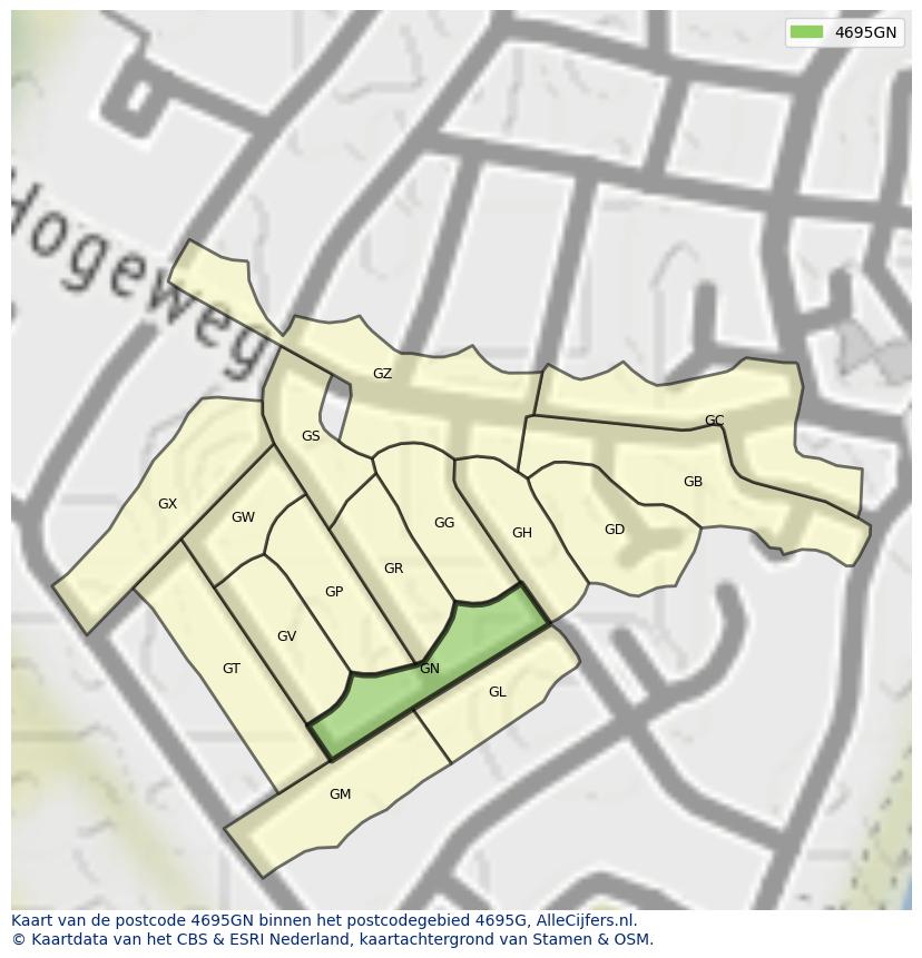 Afbeelding van het postcodegebied 4695 GN op de kaart.