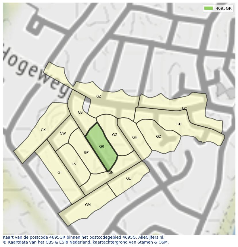 Afbeelding van het postcodegebied 4695 GR op de kaart.