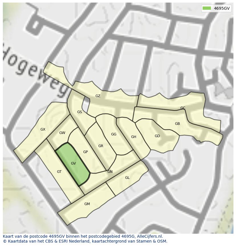 Afbeelding van het postcodegebied 4695 GV op de kaart.