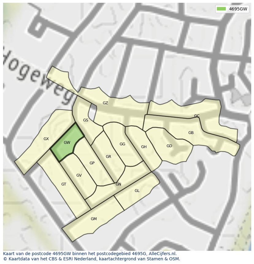 Afbeelding van het postcodegebied 4695 GW op de kaart.