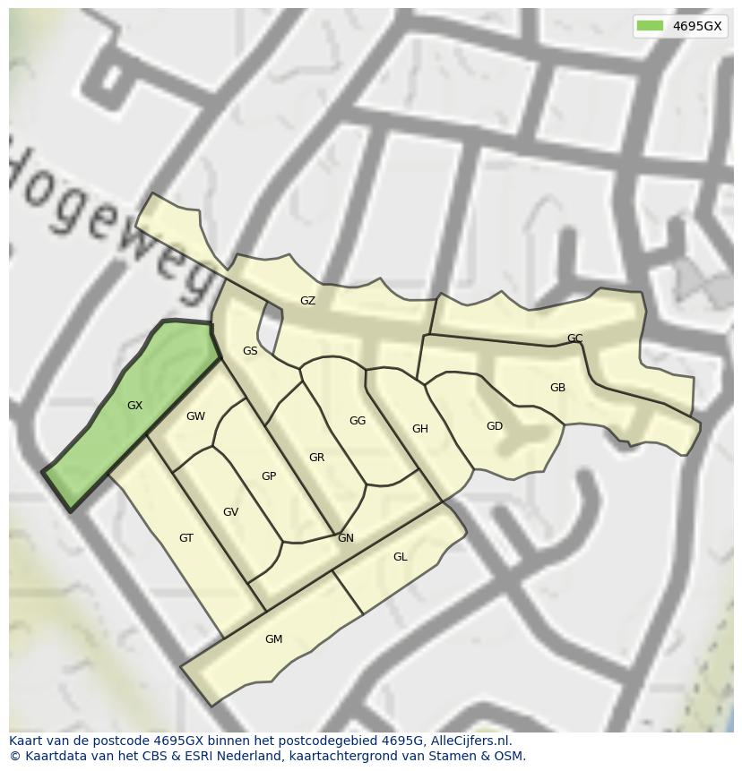 Afbeelding van het postcodegebied 4695 GX op de kaart.