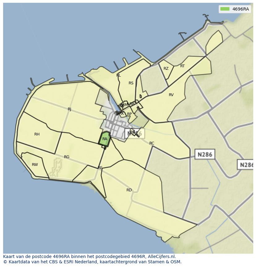 Afbeelding van het postcodegebied 4696 RA op de kaart.