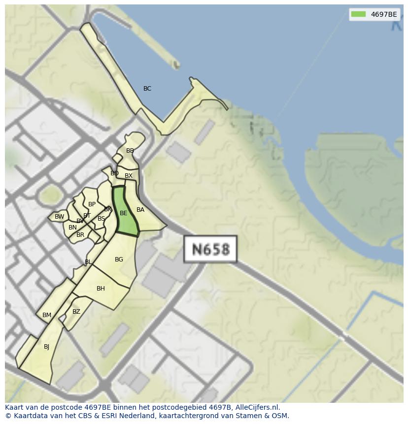 Afbeelding van het postcodegebied 4697 BE op de kaart.