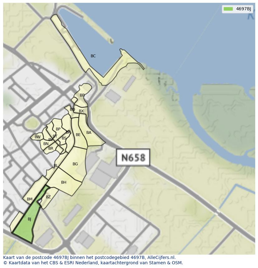 Afbeelding van het postcodegebied 4697 BJ op de kaart.