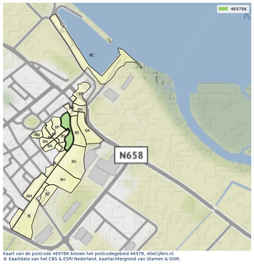 Afbeelding van het postcodegebied 4697 BK op de kaart.