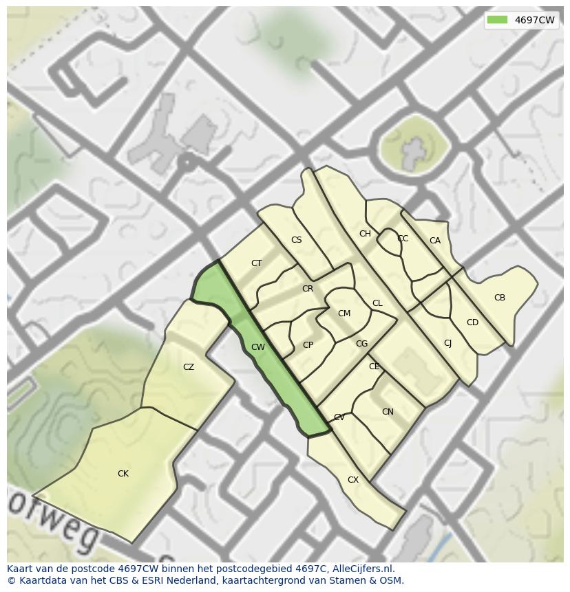 Afbeelding van het postcodegebied 4697 CW op de kaart.