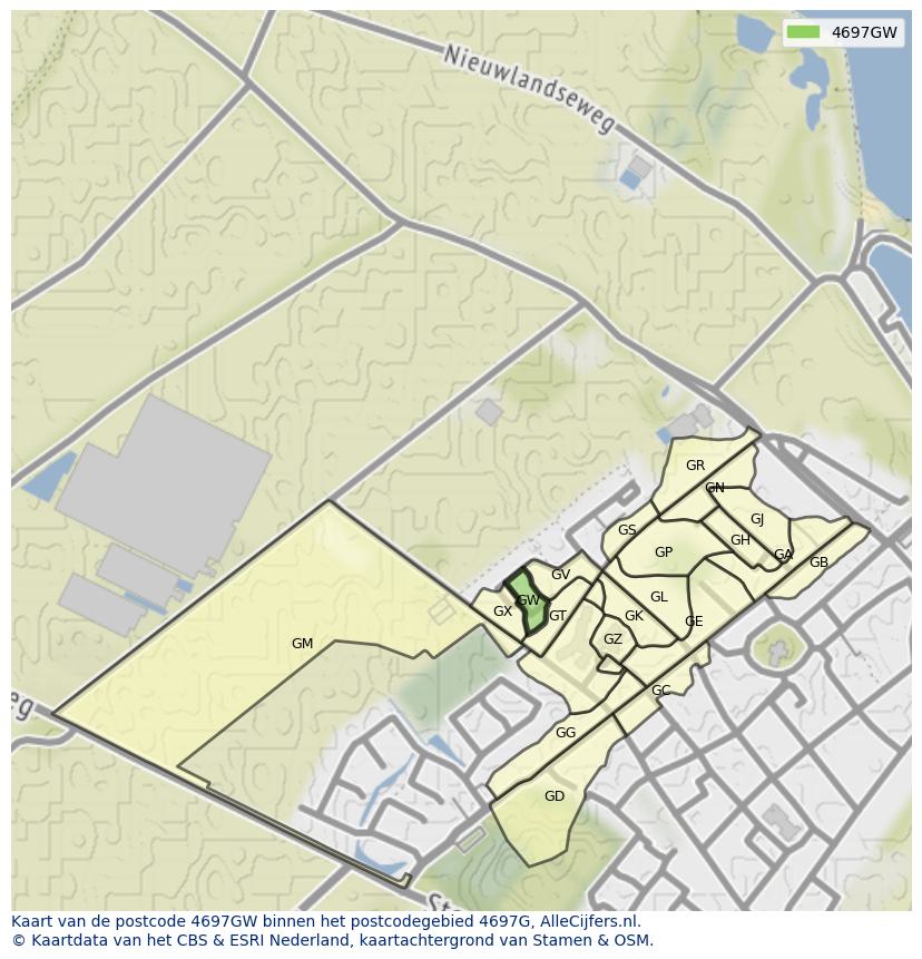 Afbeelding van het postcodegebied 4697 GW op de kaart.
