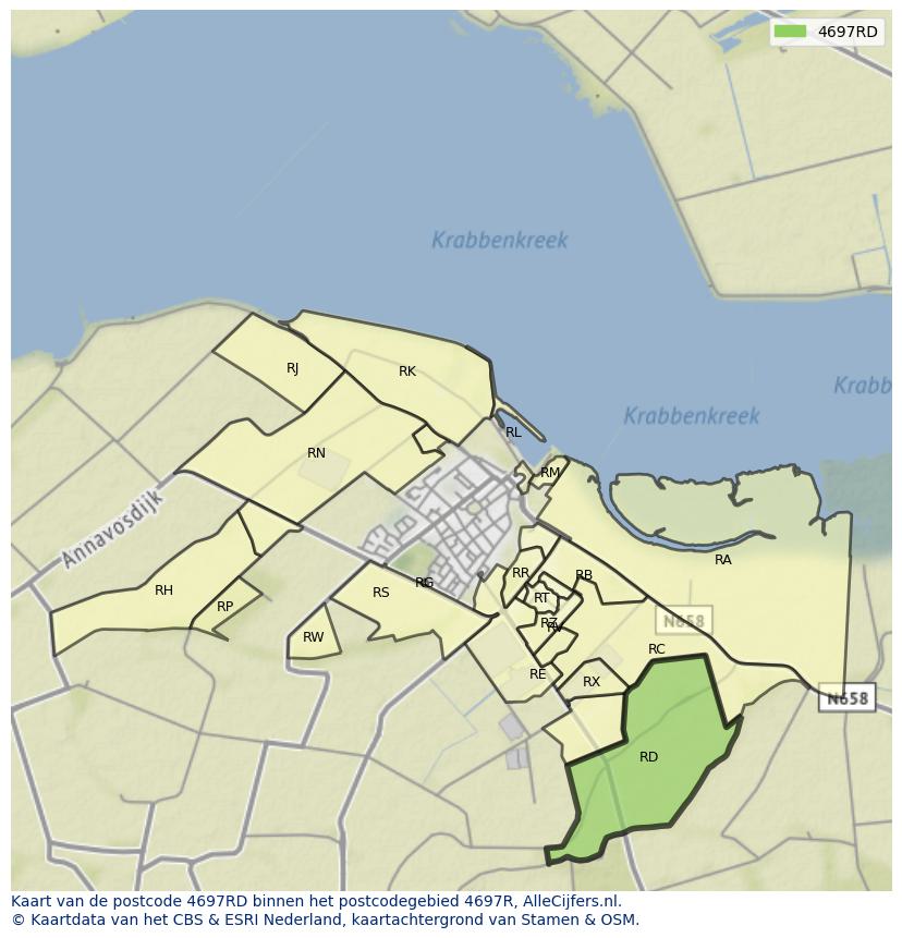 Afbeelding van het postcodegebied 4697 RD op de kaart.