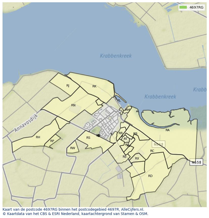 Afbeelding van het postcodegebied 4697 RG op de kaart.