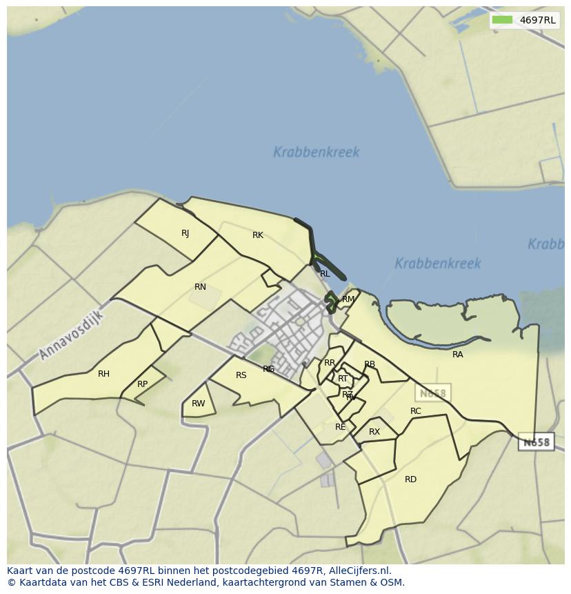Afbeelding van het postcodegebied 4697 RL op de kaart.