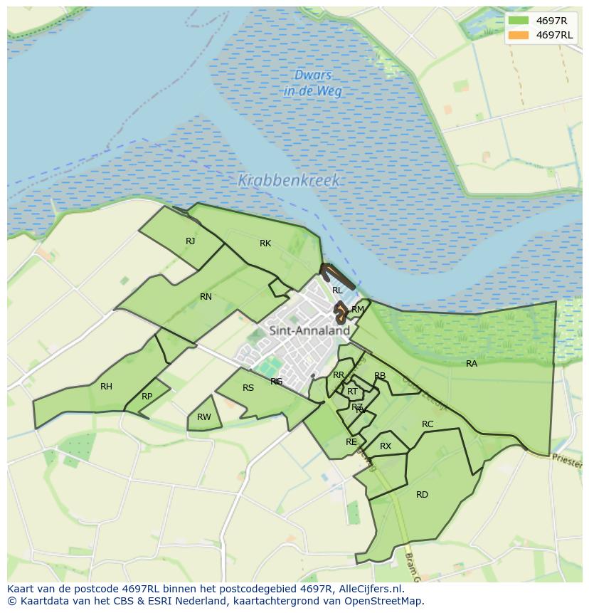 Afbeelding van het postcodegebied 4697 RL op de kaart.