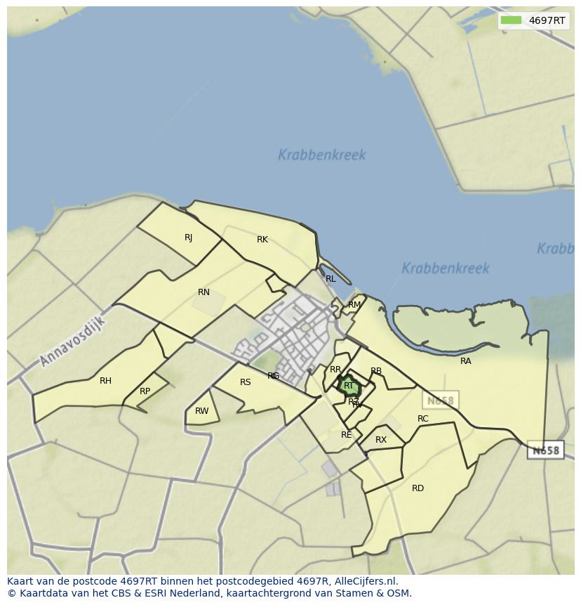 Afbeelding van het postcodegebied 4697 RT op de kaart.