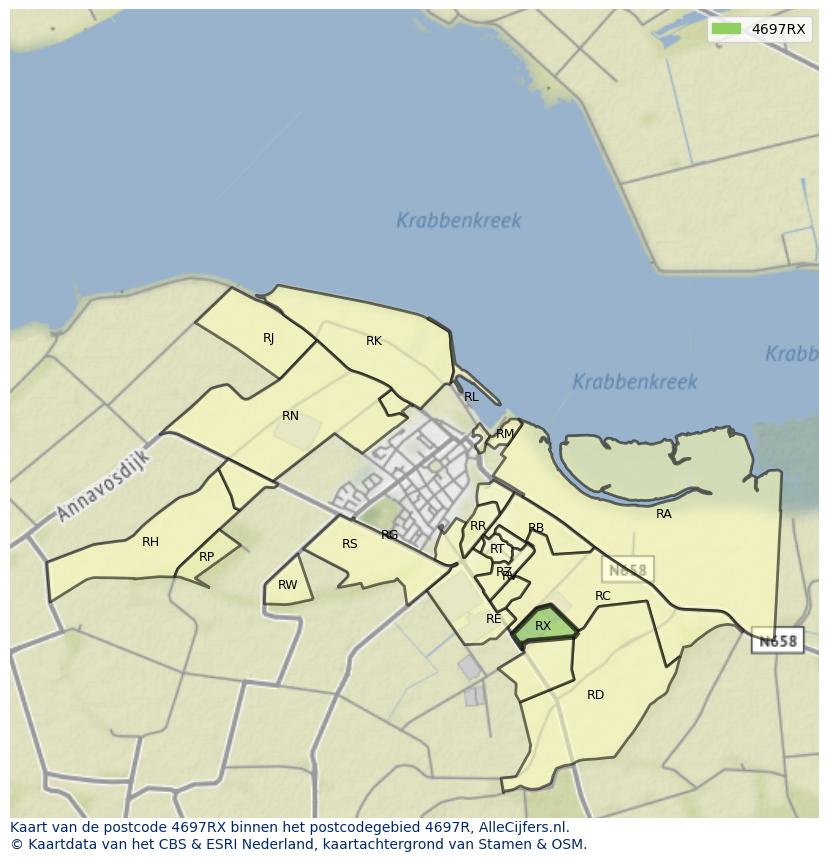 Afbeelding van het postcodegebied 4697 RX op de kaart.