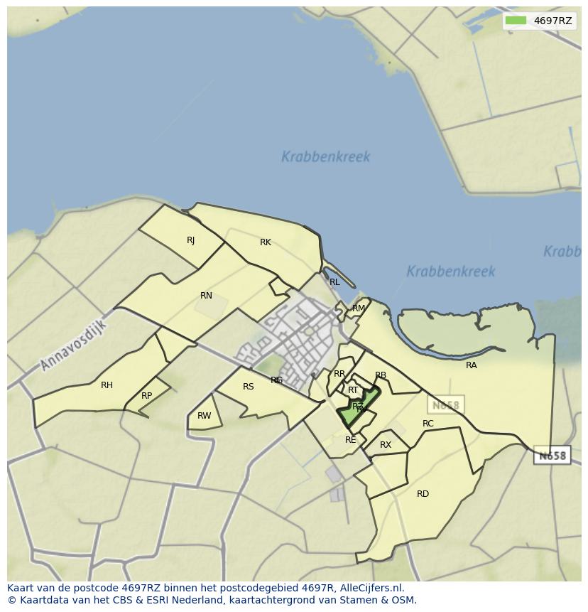 Afbeelding van het postcodegebied 4697 RZ op de kaart.
