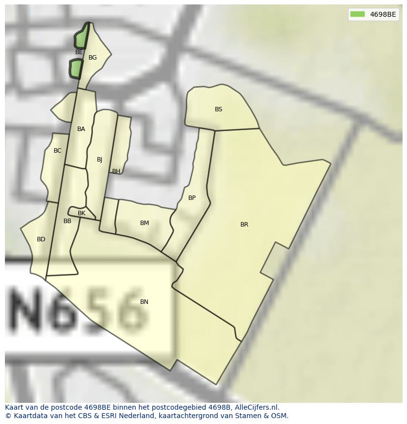 Afbeelding van het postcodegebied 4698 BE op de kaart.