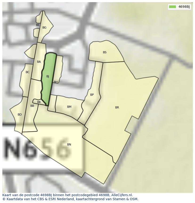 Afbeelding van het postcodegebied 4698 BJ op de kaart.