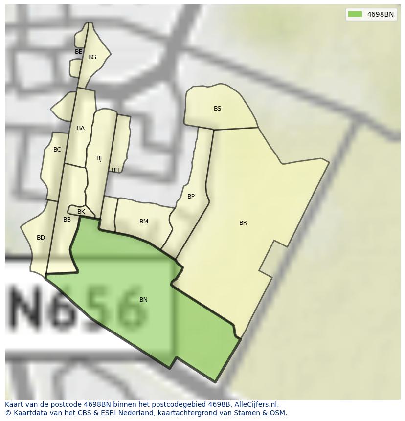 Afbeelding van het postcodegebied 4698 BN op de kaart.