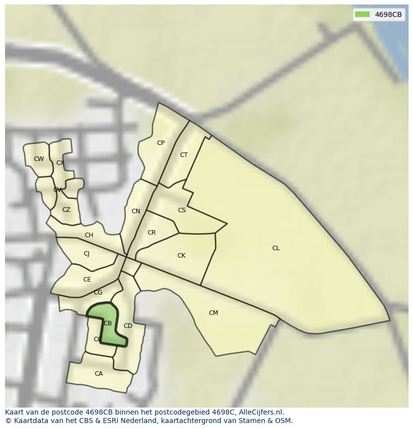 Afbeelding van het postcodegebied 4698 CB op de kaart.