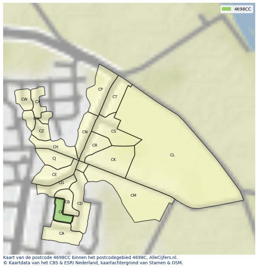 Afbeelding van het postcodegebied 4698 CC op de kaart.
