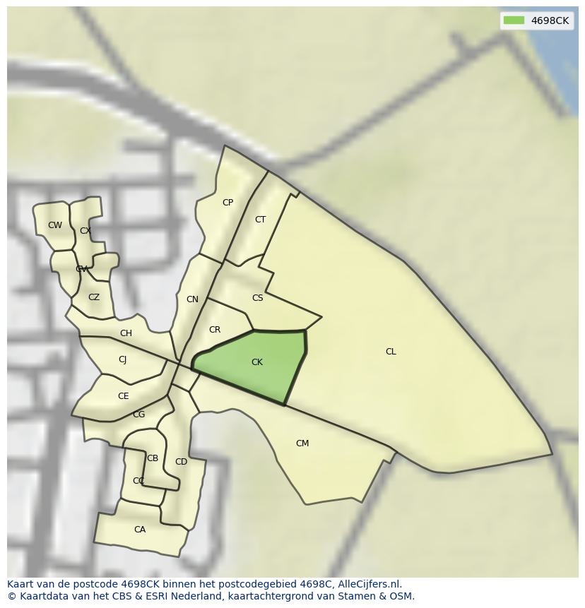 Afbeelding van het postcodegebied 4698 CK op de kaart.