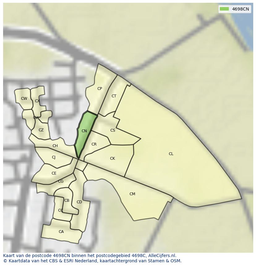 Afbeelding van het postcodegebied 4698 CN op de kaart.
