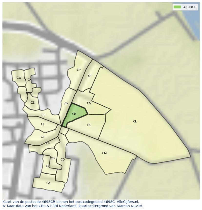 Afbeelding van het postcodegebied 4698 CR op de kaart.