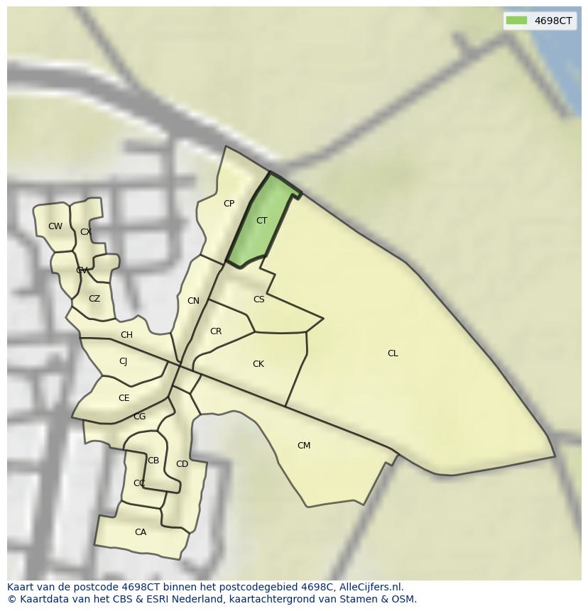 Afbeelding van het postcodegebied 4698 CT op de kaart.