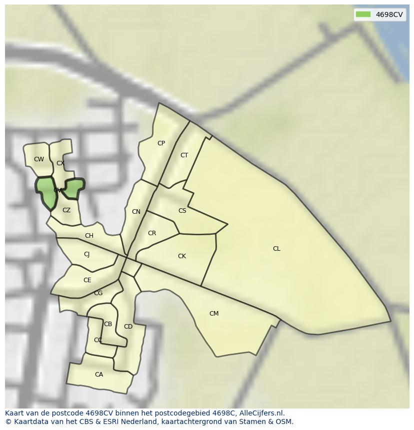 Afbeelding van het postcodegebied 4698 CV op de kaart.