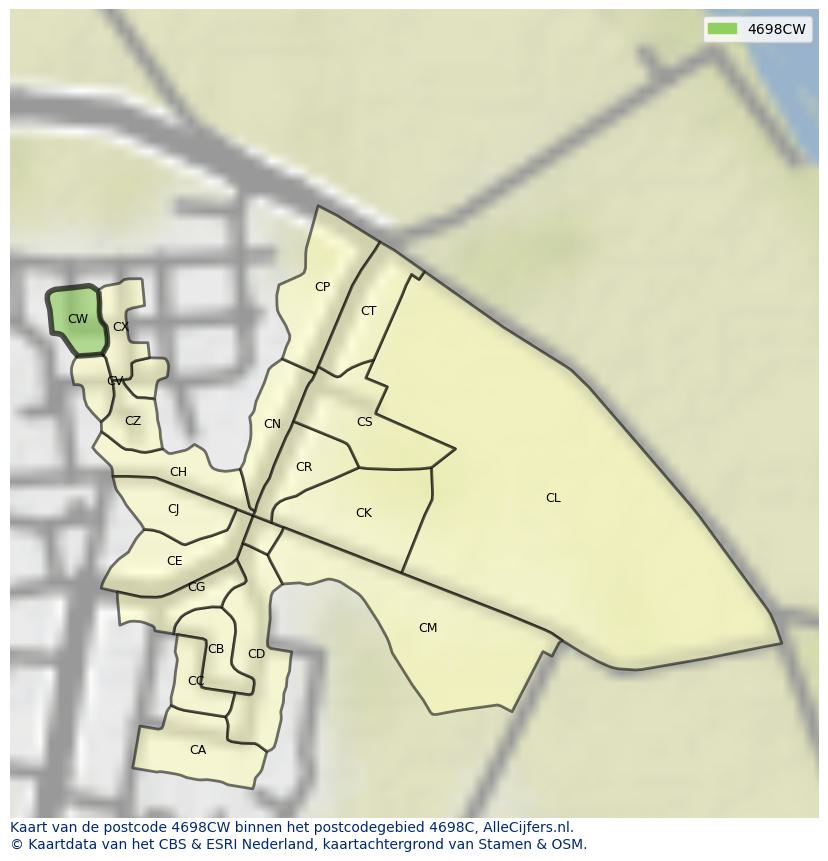 Afbeelding van het postcodegebied 4698 CW op de kaart.
