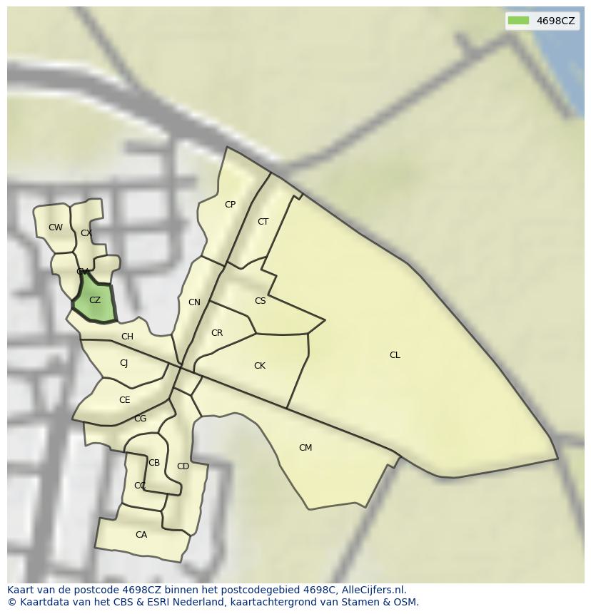 Afbeelding van het postcodegebied 4698 CZ op de kaart.