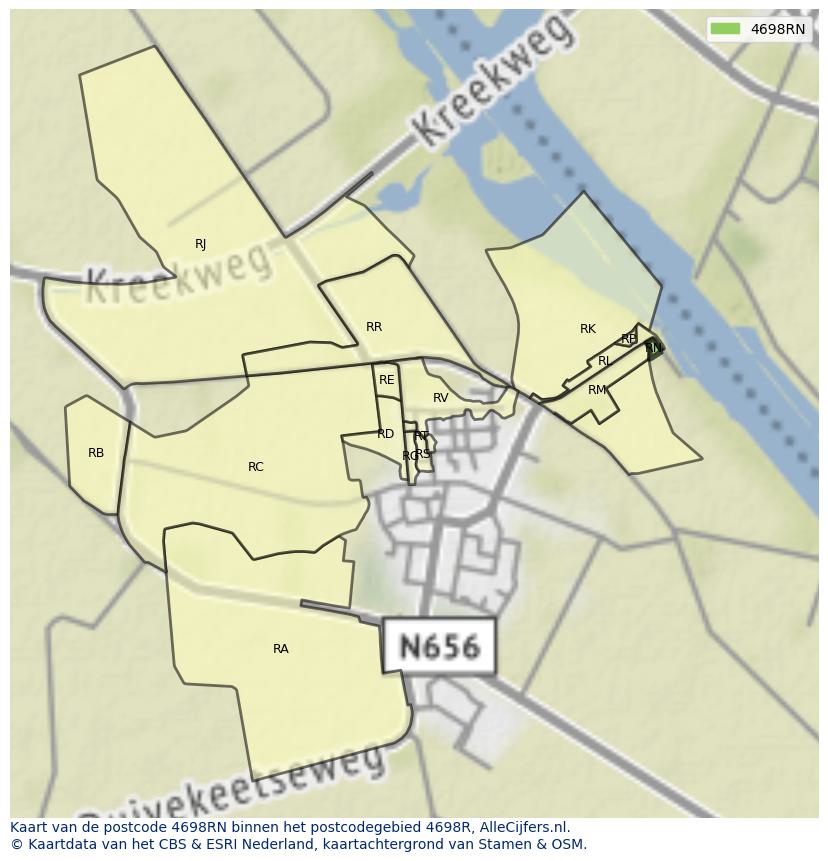 Afbeelding van het postcodegebied 4698 RN op de kaart.