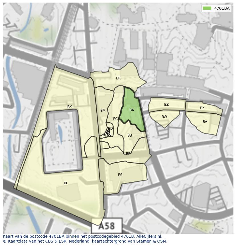 Afbeelding van het postcodegebied 4701 BA op de kaart.