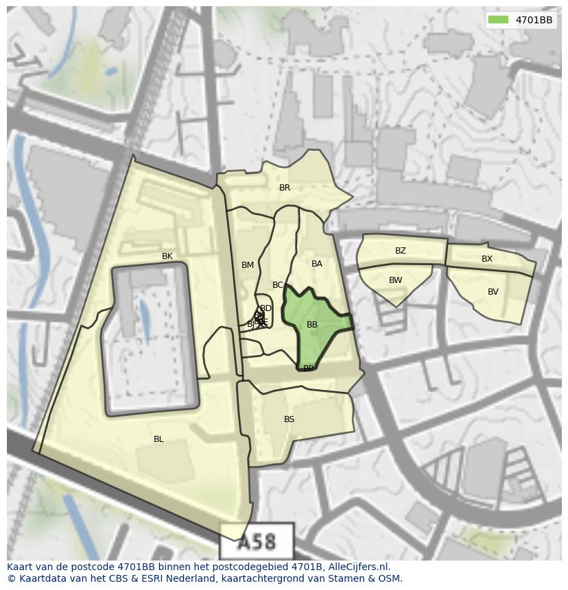 Afbeelding van het postcodegebied 4701 BB op de kaart.