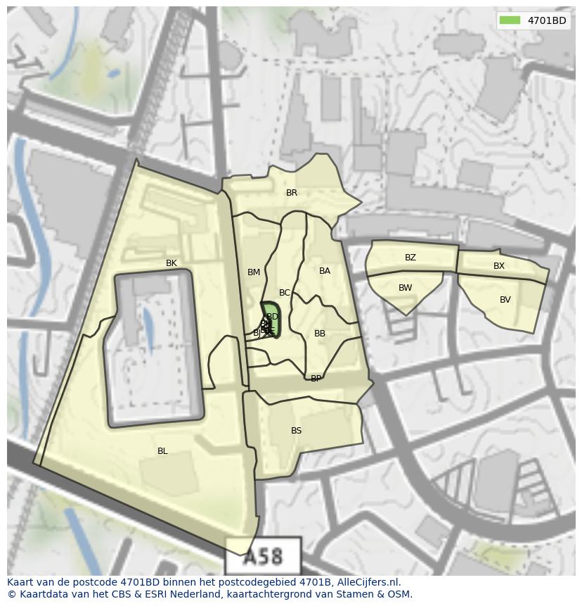 Afbeelding van het postcodegebied 4701 BD op de kaart.