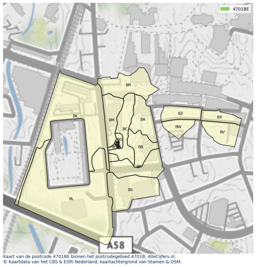 Afbeelding van het postcodegebied 4701 BE op de kaart.