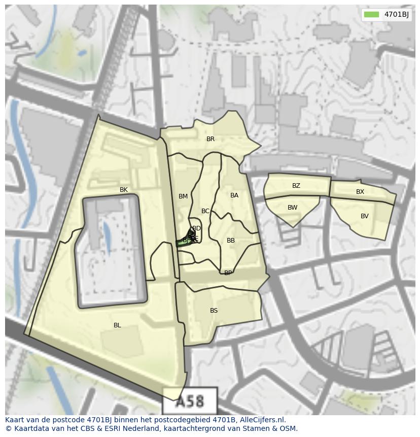 Afbeelding van het postcodegebied 4701 BJ op de kaart.