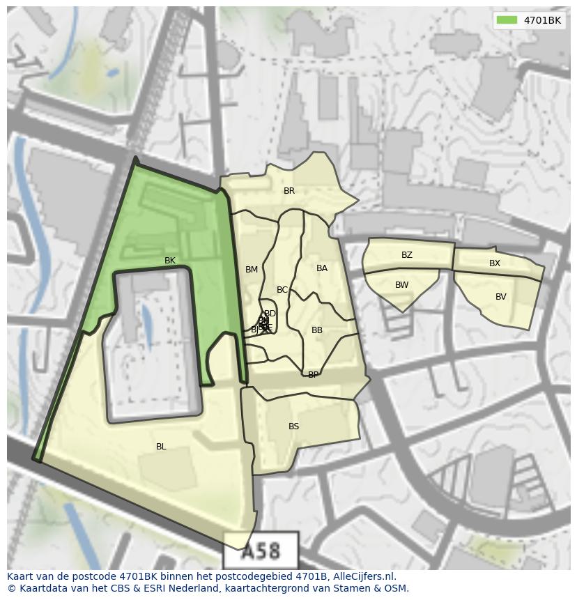 Afbeelding van het postcodegebied 4701 BK op de kaart.
