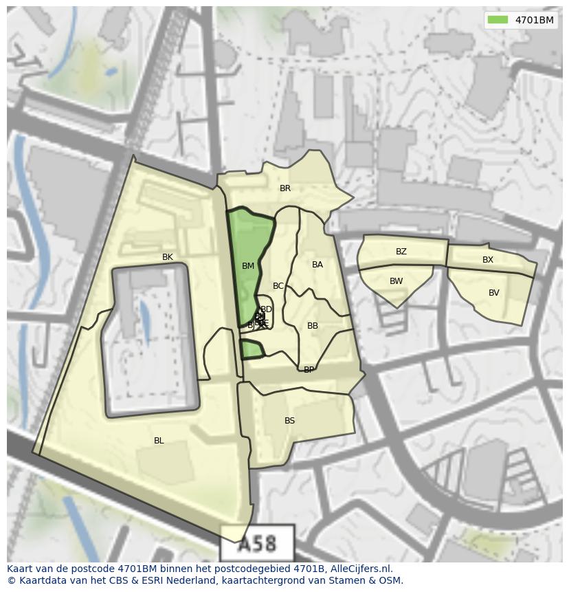 Afbeelding van het postcodegebied 4701 BM op de kaart.
