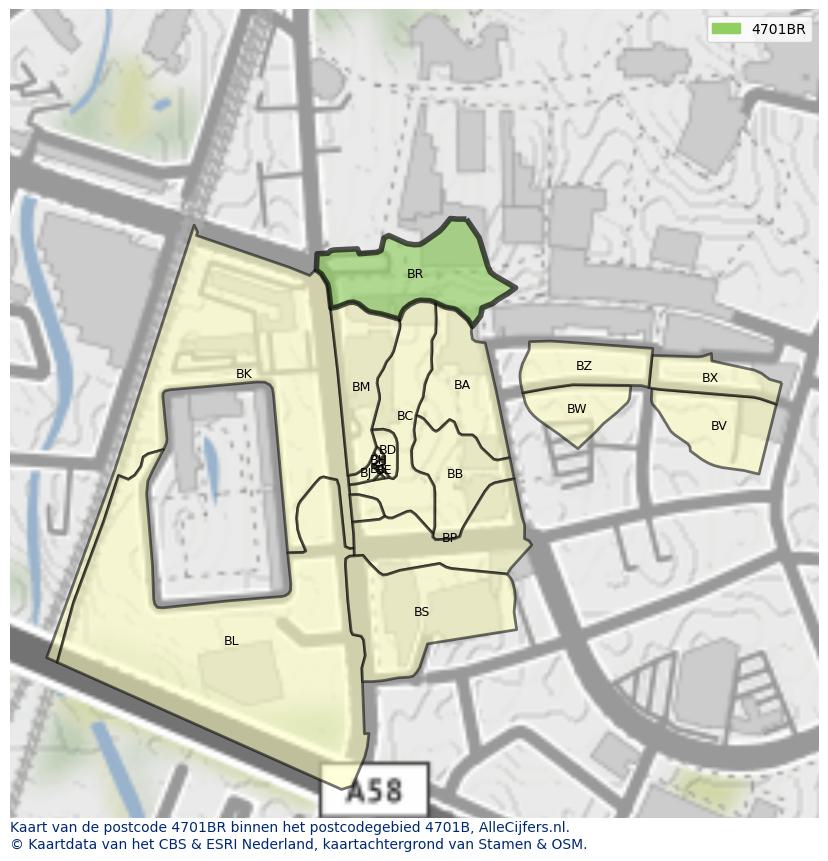 Afbeelding van het postcodegebied 4701 BR op de kaart.