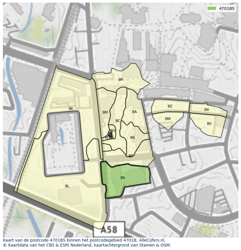 Afbeelding van het postcodegebied 4701 BS op de kaart.
