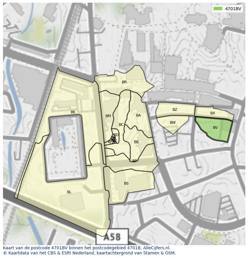 Afbeelding van het postcodegebied 4701 BV op de kaart.