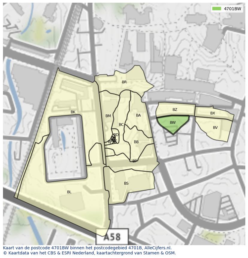 Afbeelding van het postcodegebied 4701 BW op de kaart.