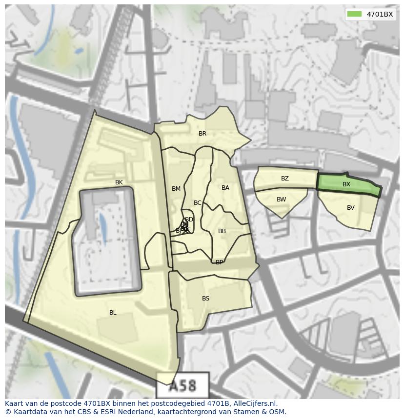 Afbeelding van het postcodegebied 4701 BX op de kaart.