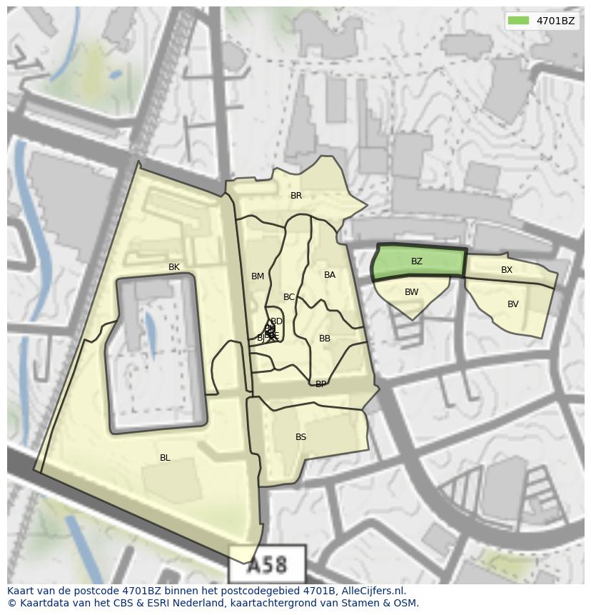Afbeelding van het postcodegebied 4701 BZ op de kaart.