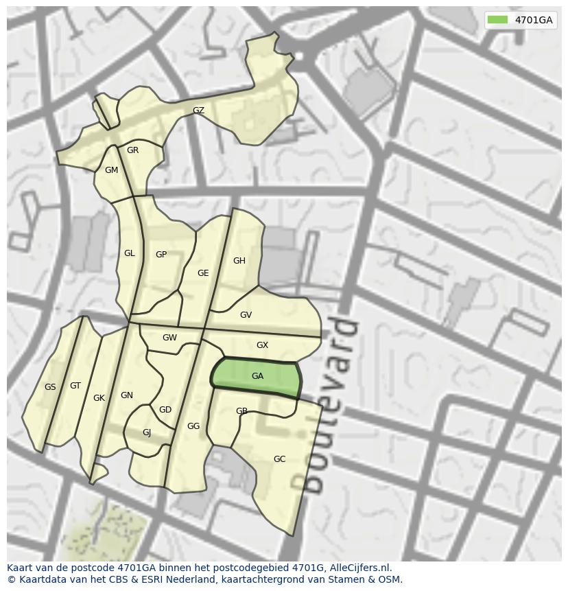 Afbeelding van het postcodegebied 4701 GA op de kaart.