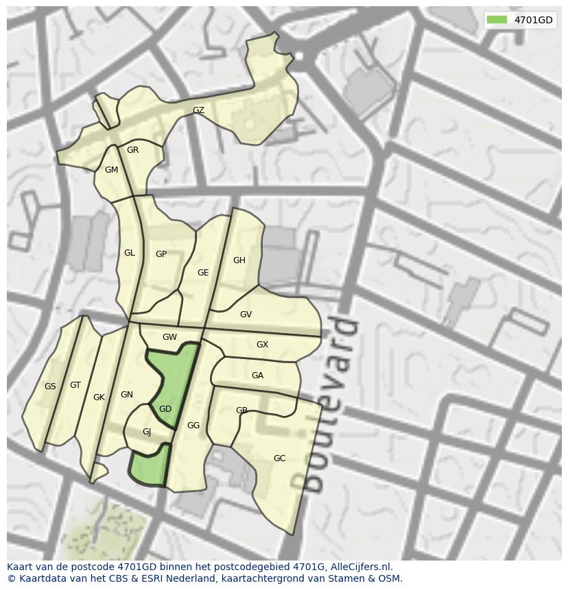 Afbeelding van het postcodegebied 4701 GD op de kaart.