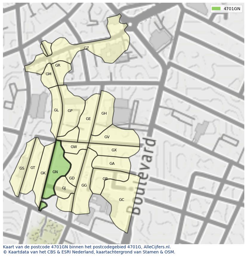 Afbeelding van het postcodegebied 4701 GN op de kaart.