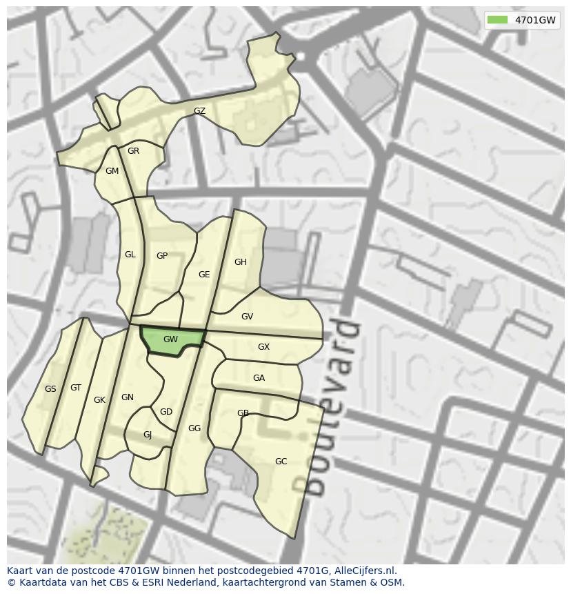 Afbeelding van het postcodegebied 4701 GW op de kaart.