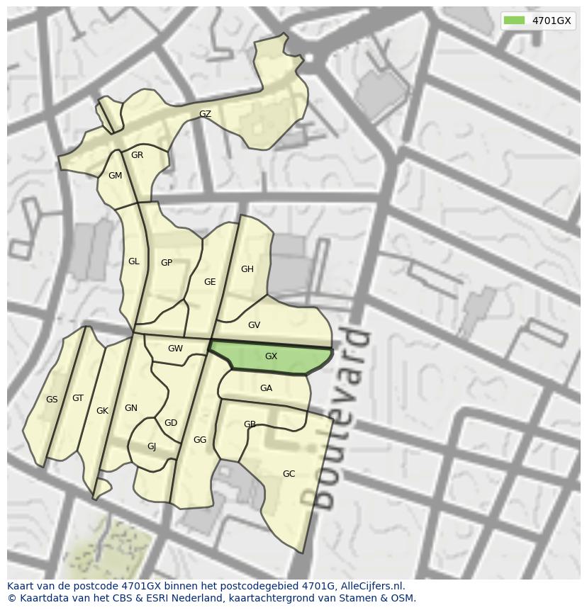 Afbeelding van het postcodegebied 4701 GX op de kaart.