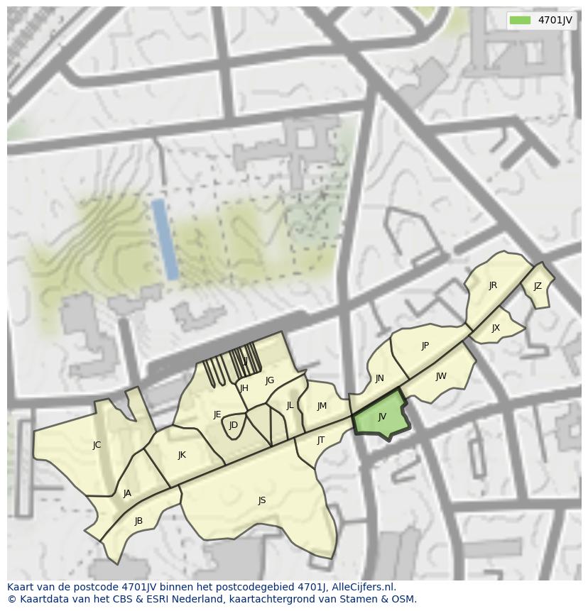 Afbeelding van het postcodegebied 4701 JV op de kaart.